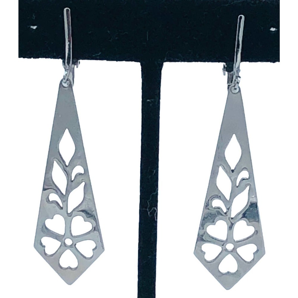 Vintage Silver tone metal dangles-cut out flower leaves Lever Back Clip On